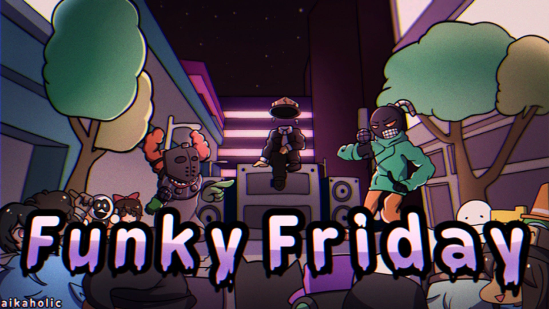 One of the Roblox banners for the Funky Friday experience, depicting a rap battle between a fantasy knight, an invisible person, and an anthropomorphic cartoon bomb.