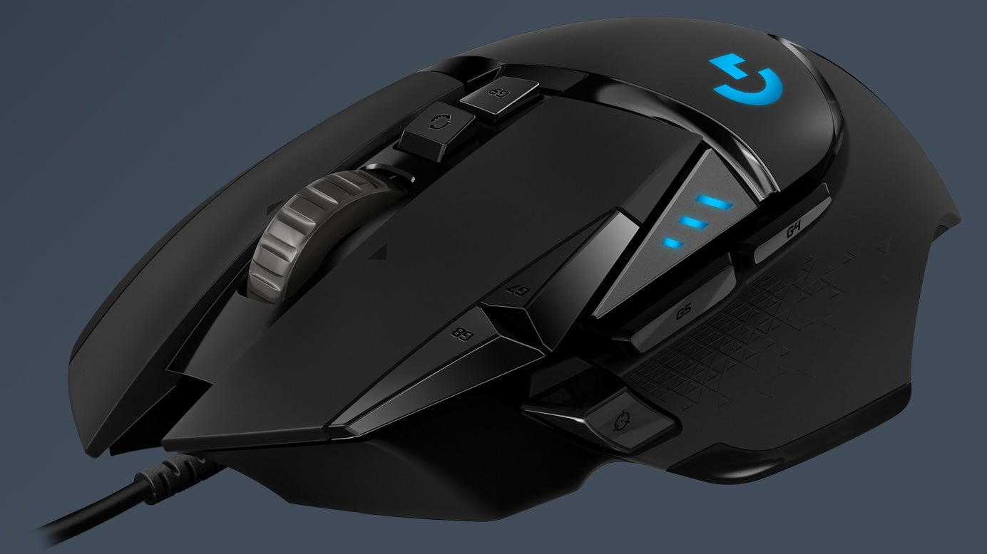 Logitech's G502 Hero wired mouse, shown with its many buttons and infinite scroll wheel.