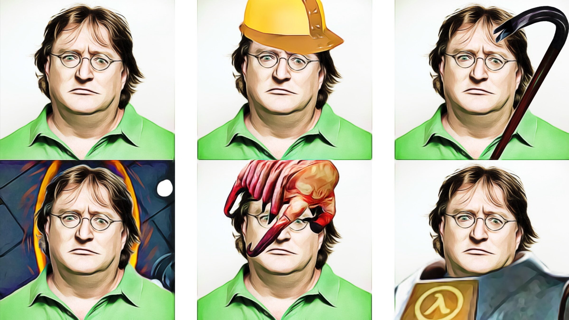 Trending Entertainment film breaking news A Bored Ape NFT-style collage of Gabe Newell portraits, with different Valve-themed hats and backgrounds.