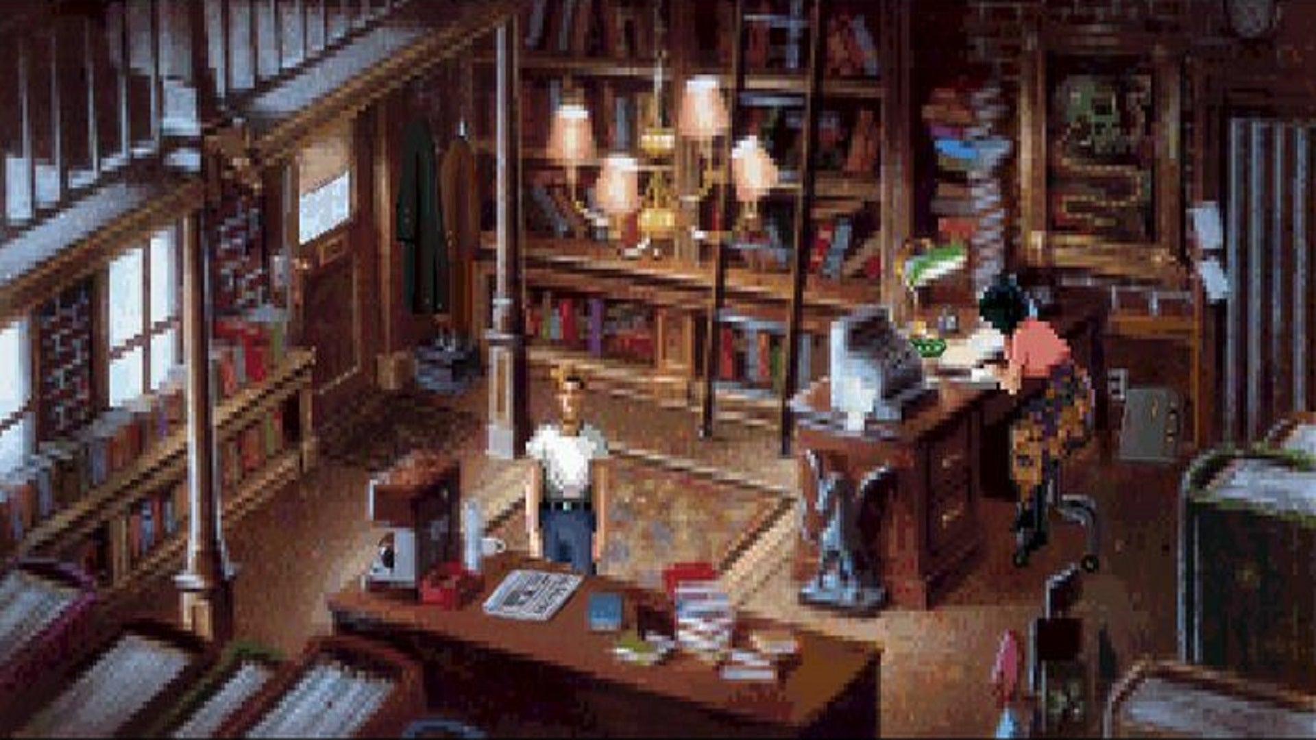 A Pixel-art image of an overcrowded bookshop. A man stands at the counter reading a newspaper, while a woman sits behind a desk nearby.