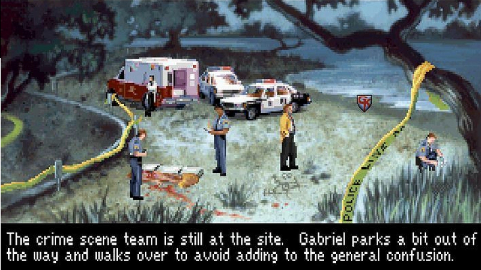 Gabriel Knight arrives at a waterside crime scene in Gabriel Knight: Sins Of The Fathers. An ambulance and several police cars stand nearby, and some officers and paramedics are examining a partially-covered corpse.