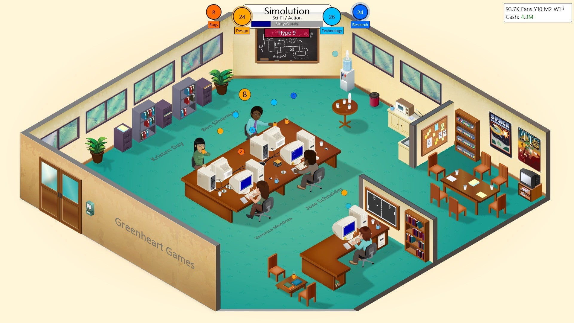 A group of devs work on a game called Simolution in their office in Game Dev Tycoon