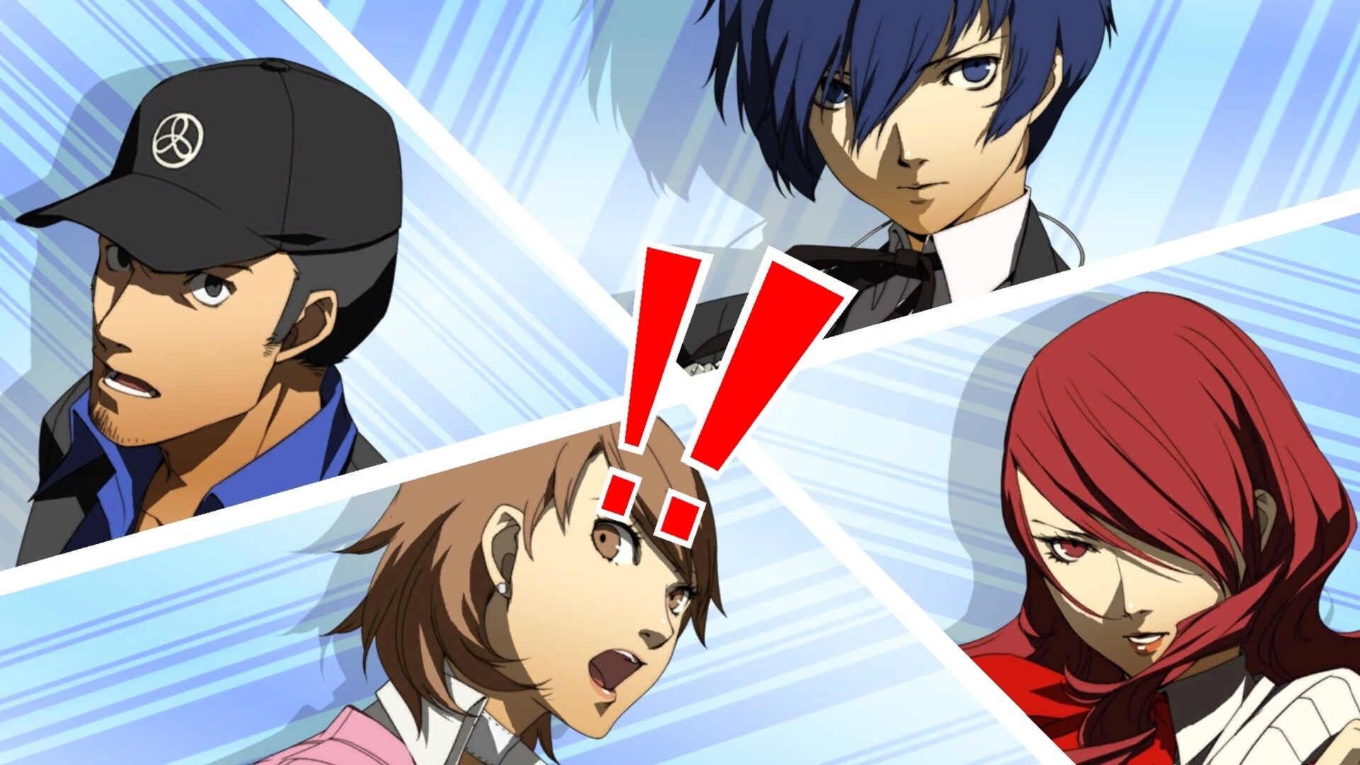 A four-way grid of a Persona 3 party about to engage in an all-out attack.