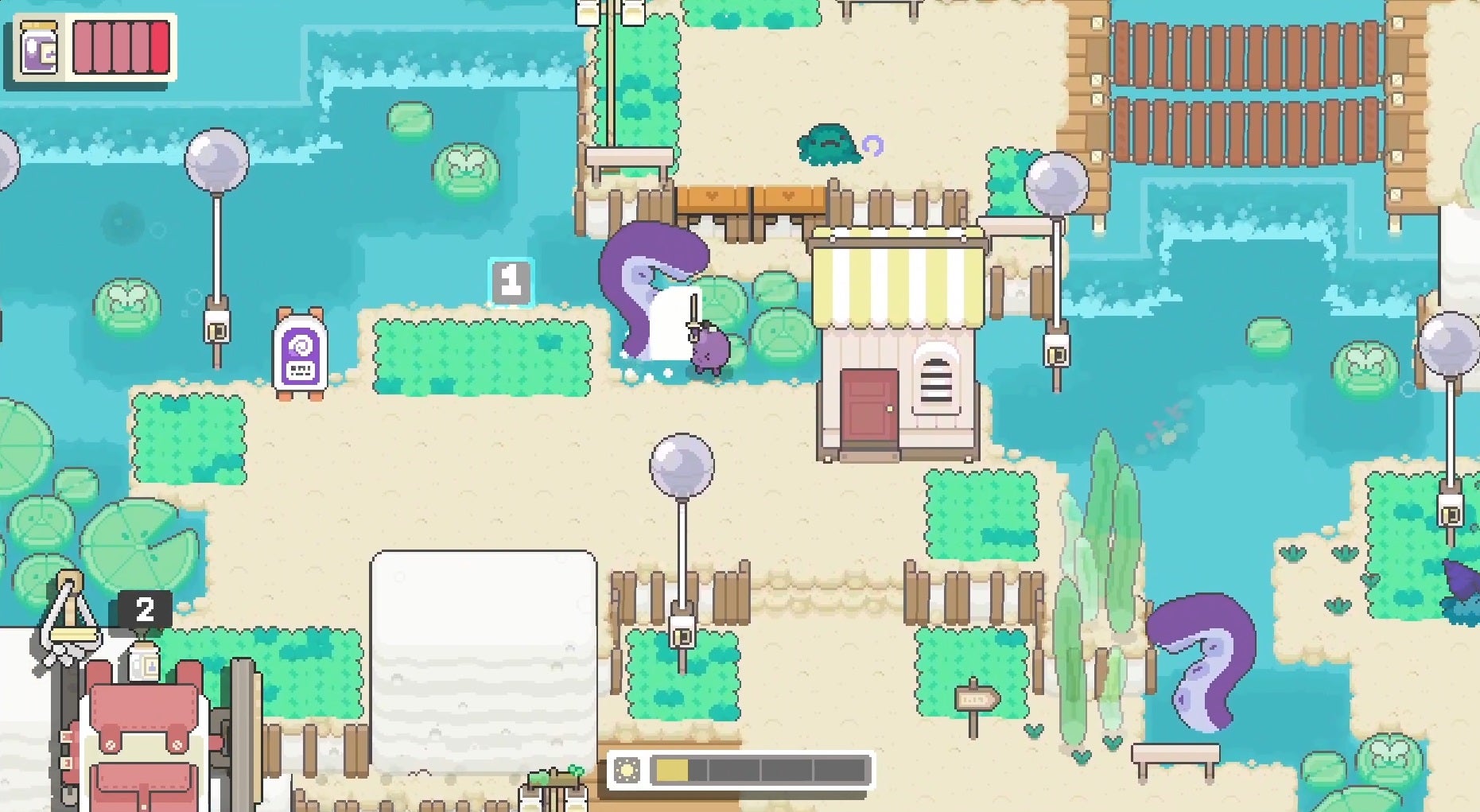 Garden Story - Concord the grape swings a small sword at a large purple tentacle coming out of the water in the cute, pastel village.