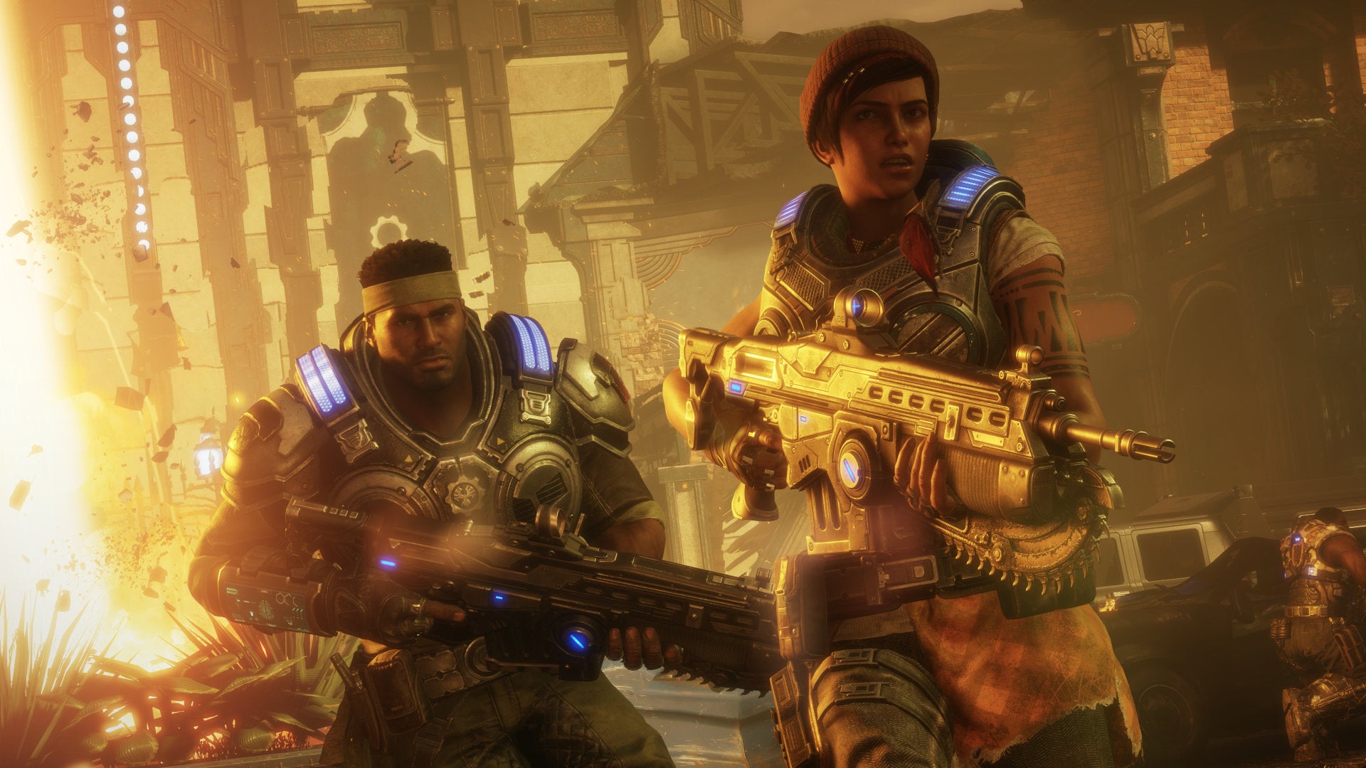 Kait and Del holding their guns in Gears 5