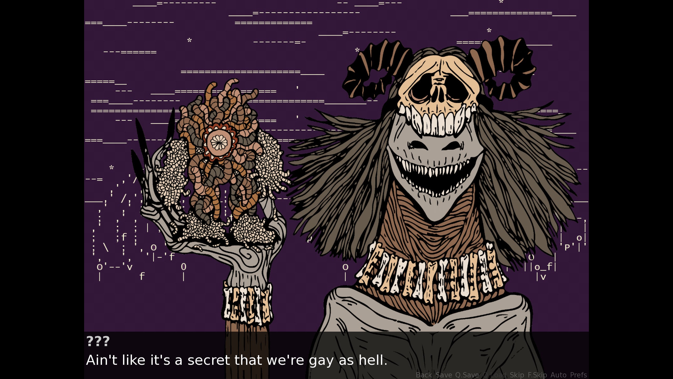 A screenshot from Genderwrecked showing a monster who's wearing a skull atop her head and holding up her girlfriend, a ball of maggots saying 'Ain't like it's a secret that we're gay as hell'.