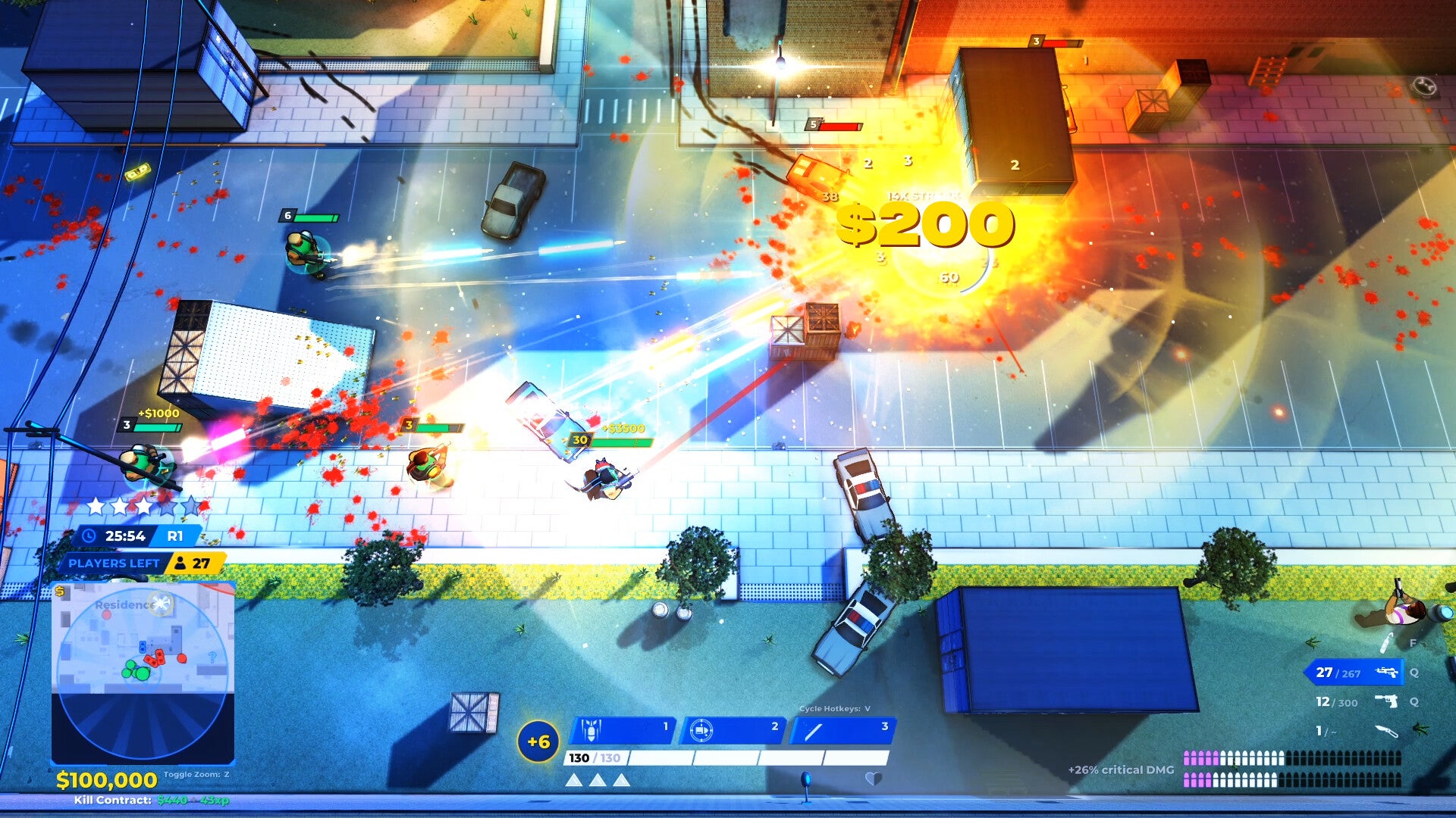 Cars explode in topdown chaos in Gene Shift Auto.