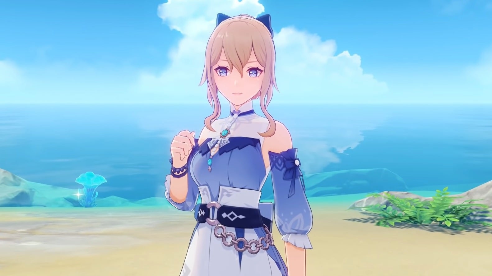 Genshin Impact - Jean's new summer character outfit added in update 1.6. She wears a casual blue dress with a high collar and belt with a hair bow.
