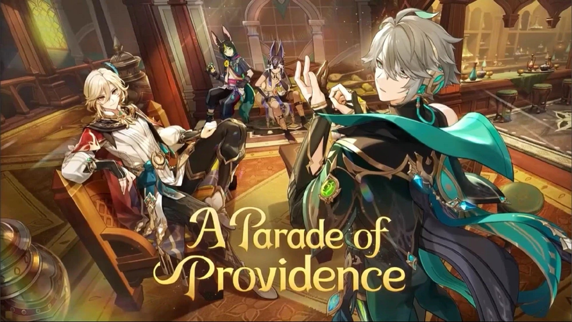 The key art for Genshin Impact Version 3.6 "A Parade of Providence". The picture shows Kaveh, Tighnari, Cyno, and Alhaitham relaxing in a spacious and well-appointed bar.