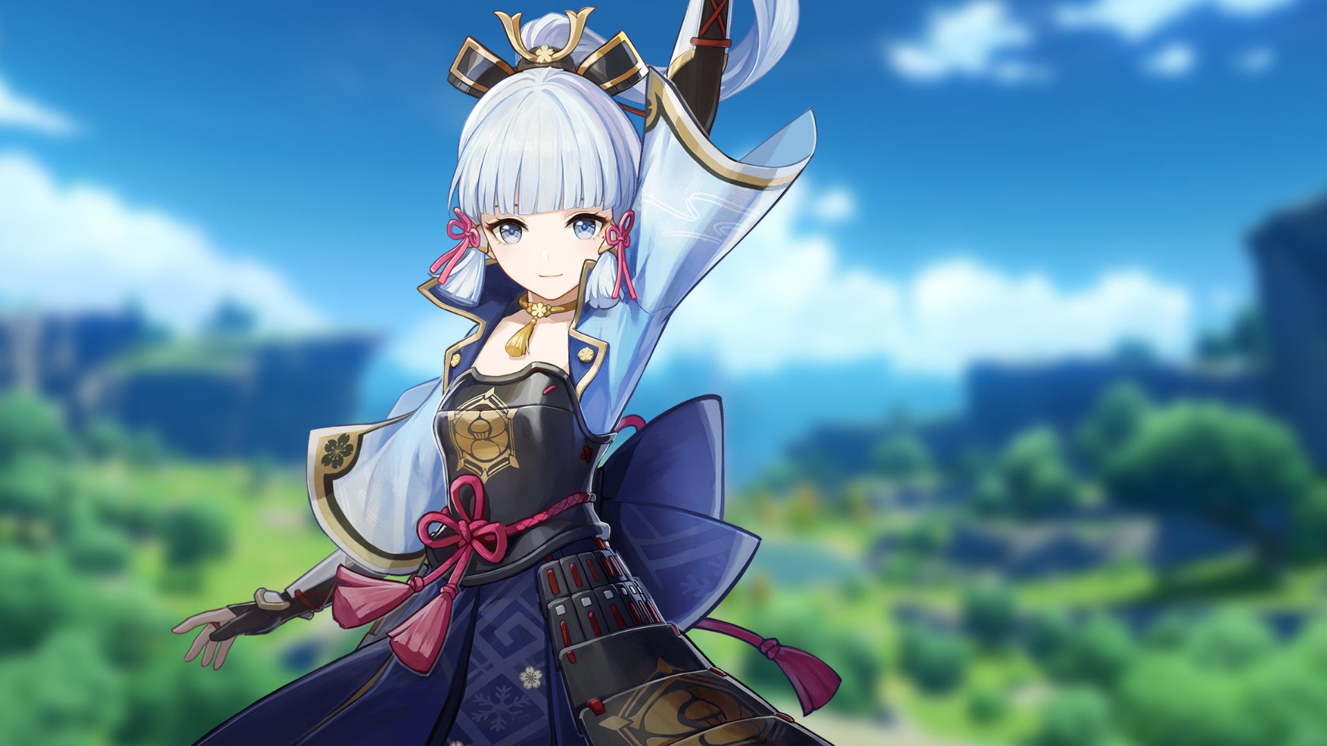Promotional art of the character Ayaka from Genshin Impact.