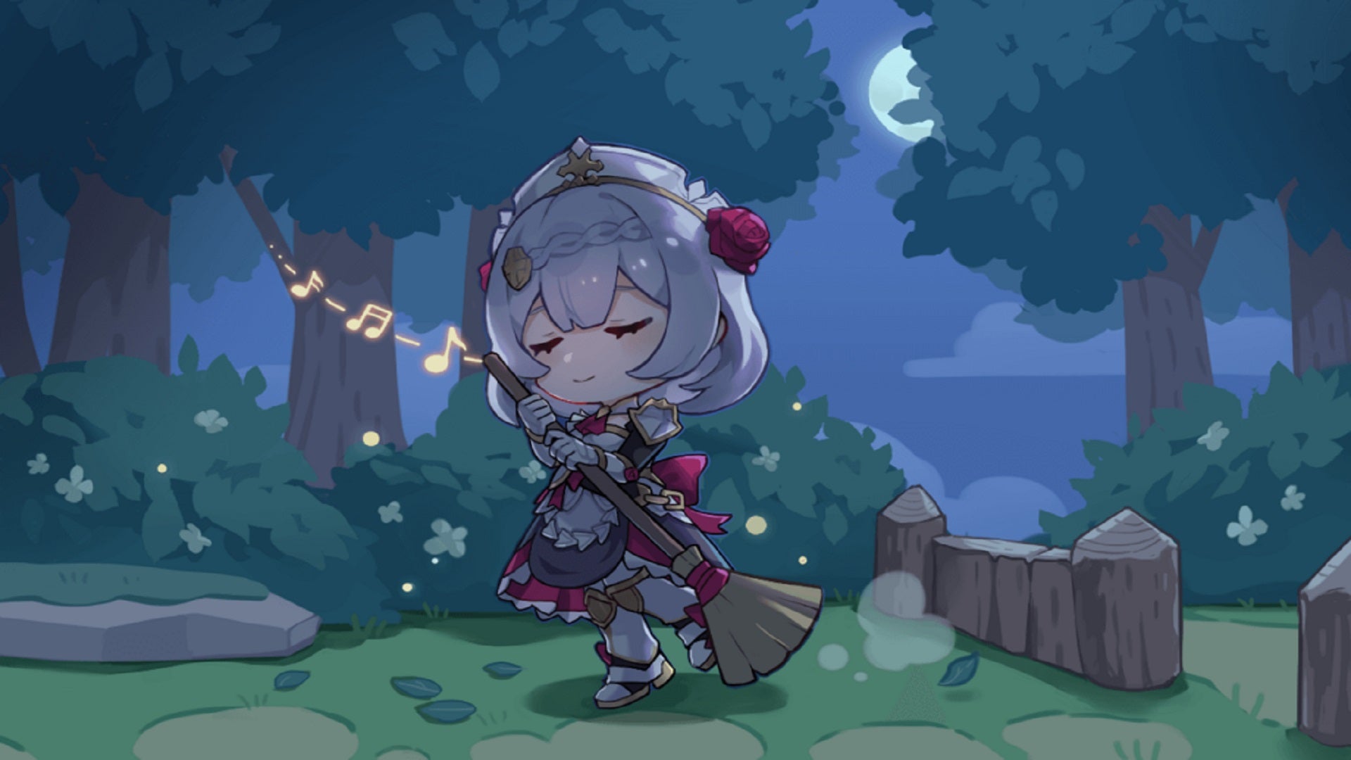 A chibi interpretation of Genshin Impact's Noelle singing to herself and sweeping in a moonlit garden. The artwork is from a past in-game event.