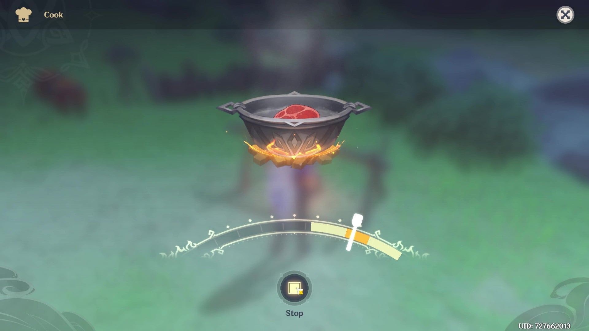 The Genshin Impact cooking minigame, showing a cooking quality metre beneath a bowl of food being cooked over a fire.