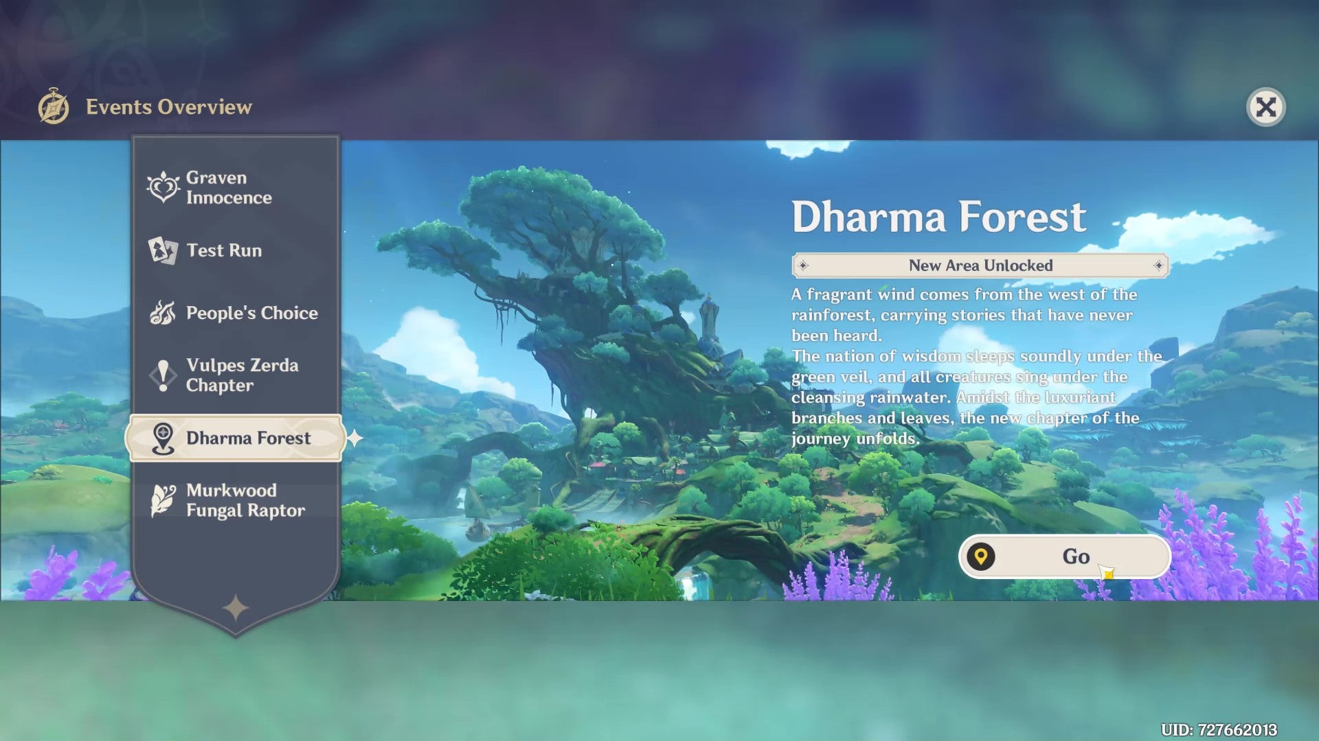 The event overview for "Dharma Forest" in Genshin Impact V3.0.