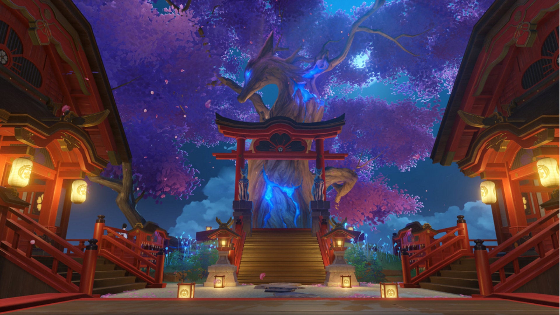 A Genshin Impact screenshot of Holy Sakura in the Grand Narukami Temple.