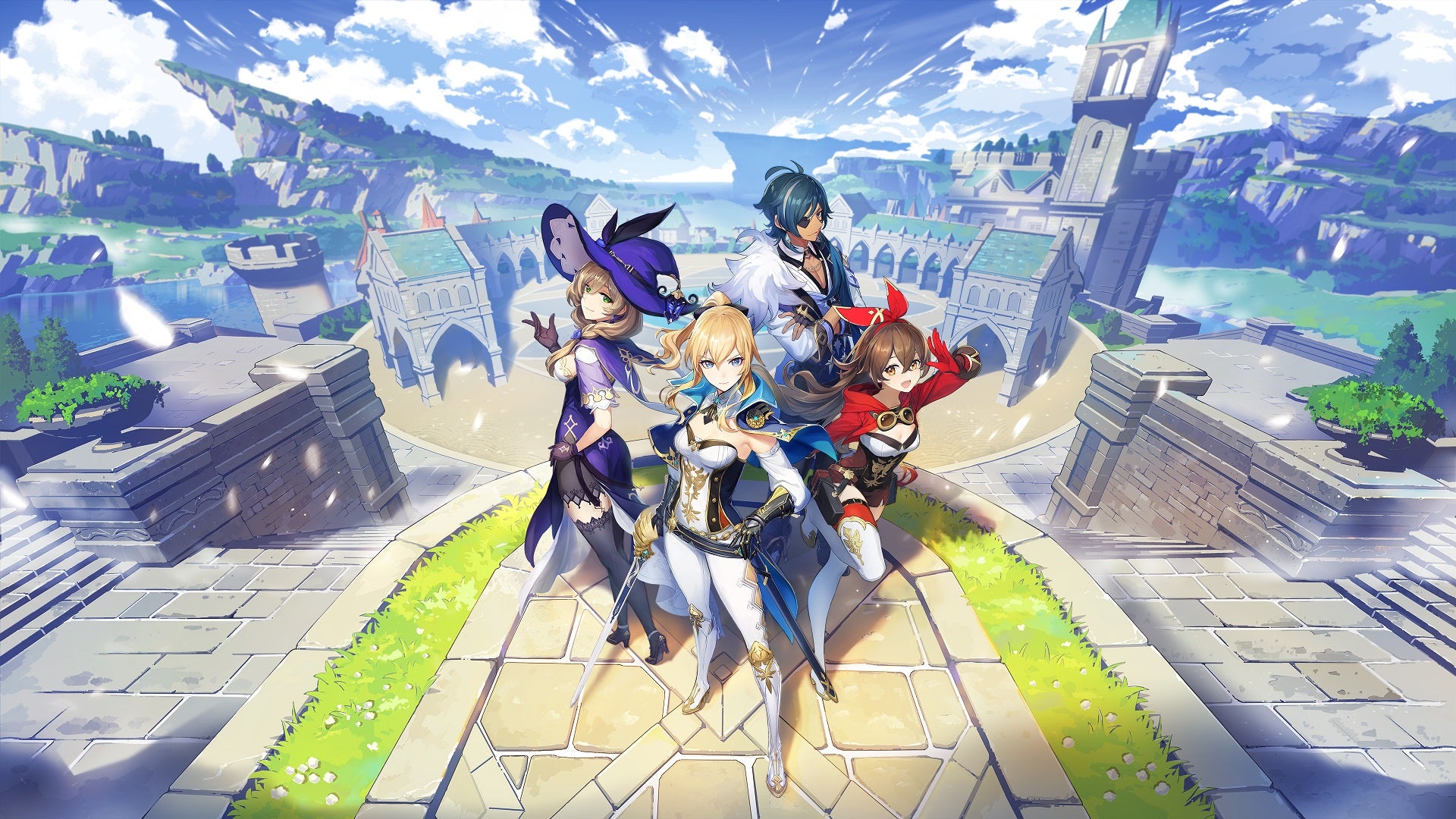 One of the earliest official images for Genshin Impact. It shows starter characters Lisa, Kaeya, and Amber along with Jean, with the city state of Mondstadt in the background.