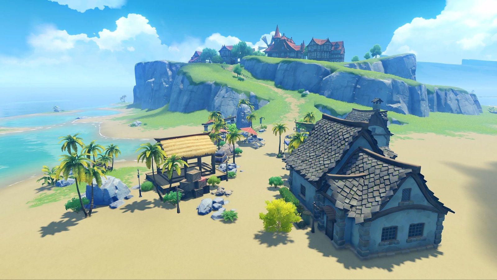 Genshin Impact - A private player island with a stone house on a beach.