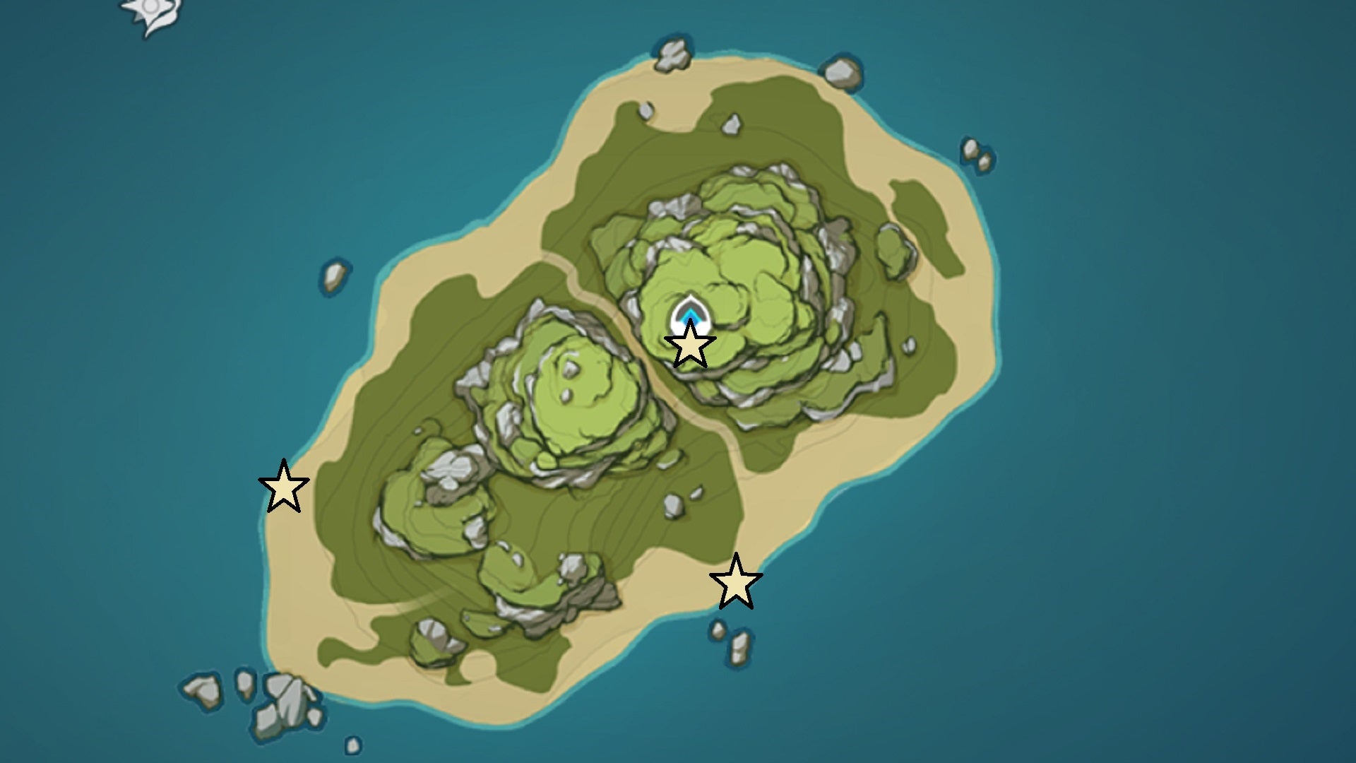 A map of Pudding Isle, part of the Golden Apple Archipelago in Genshin Impact, showing the locations of Phantasmal Conches in Version 2.8.
