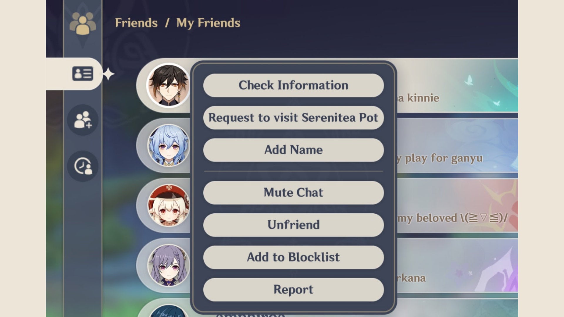 A Genshin Impact screenshot of the friends menu screen, showing the button which allows players to play Co-Op in the Serenitea Pot.