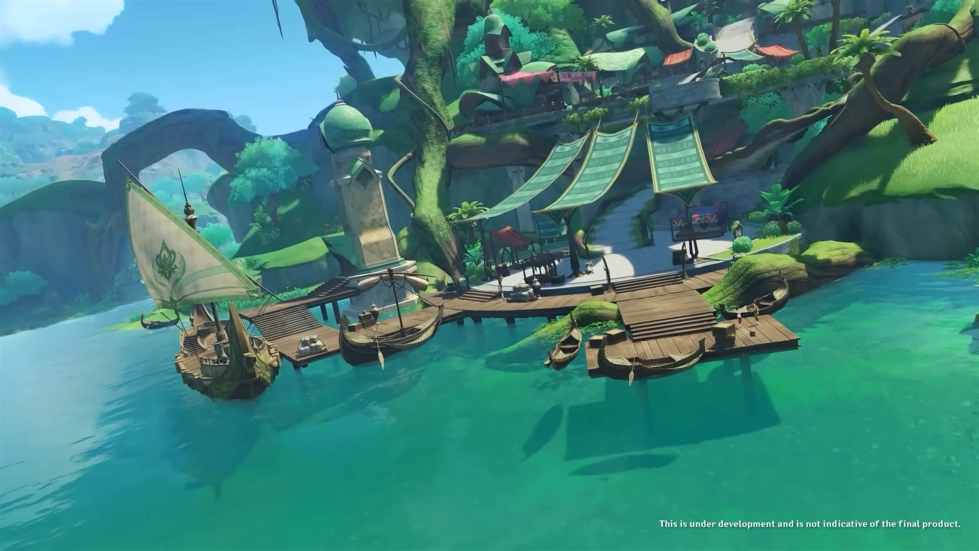 A teaser trailer scene showing Sumeru in Genshin Impact: a harbour, as viewed from the sea.