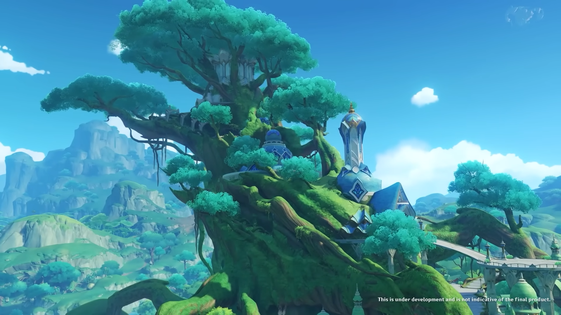 A teaser trailer scene showing Sumeru in Genshin Impact: a fantastical structure built into a giant tree.