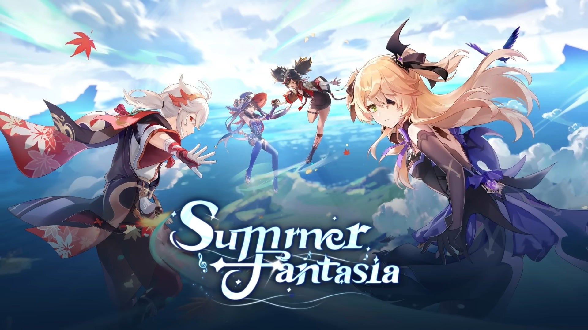 Kazuha, Mona, Xinyan, and Fischl fly towards the Golden Apple Archipelago in Genshin Impact. Text on screen reads "Summer Fantasia", the subtitle given to Version 2.8.