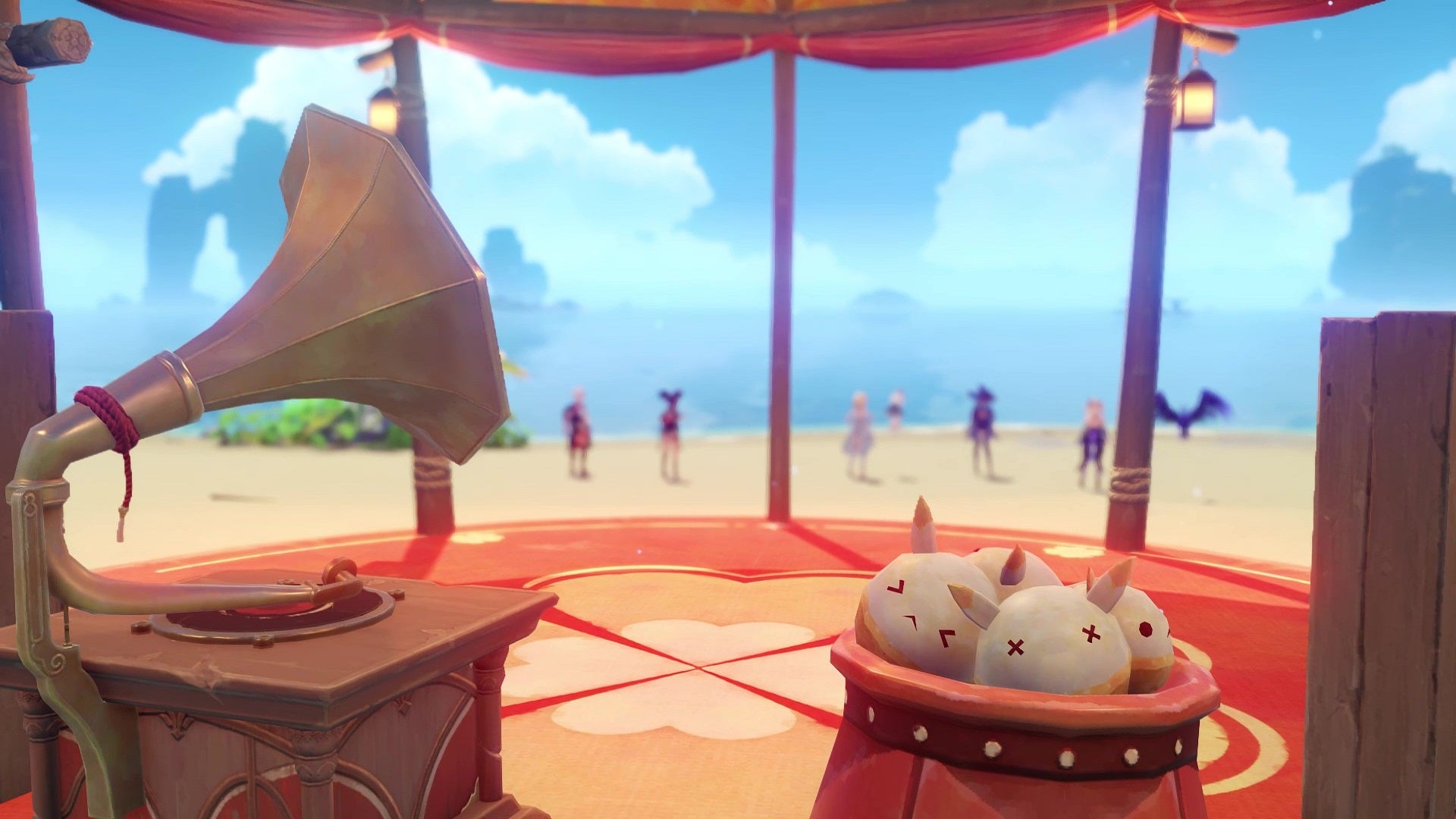 A cutscene still from Genshin Impact's Summertime Odyssey event sets the scene. In the foreground, a gazebo containing a record player and a container of harpastums. In the background are Kazuha, Xinyan, Lumine, Paimon, Mona, Fischl, and Oz, all standing on a beach admiring the sea.