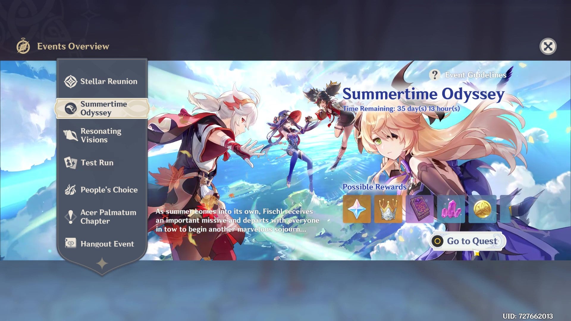 The Events Overview tab in Genshin Impact, showing timed details for the Summertime Odyssey event.