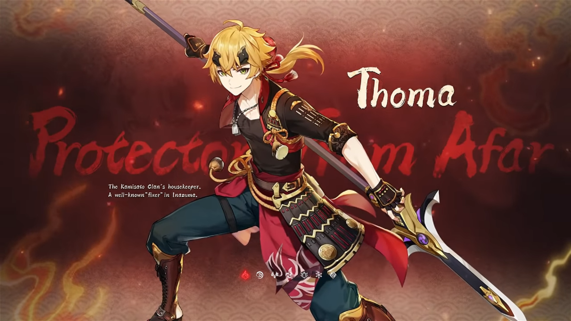 Thoma's character intro card from Genshin Impact. Text in image reads: "Protector from afar. The Kamisato clan's housekeeper. A well-known 'fixer' in Inazuma."