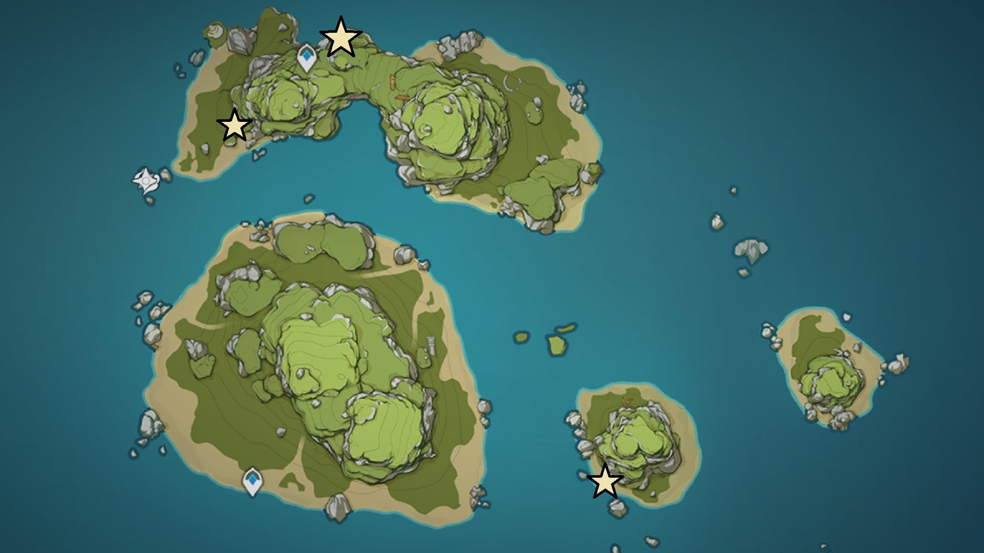 A map of Twinning Isle, part of the Golden Apple Archipelago in Genshin Impact, showing the locations of Phantasmal Conches in Version 2.8.