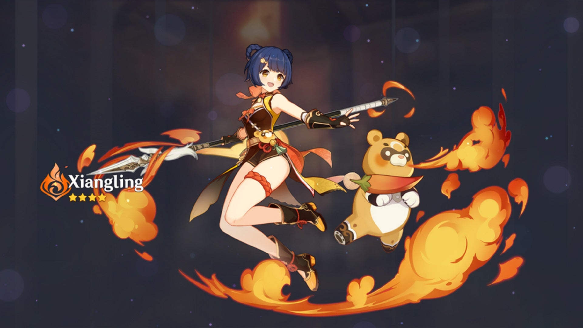 Xiangling from Genshin Impact and her companion Guoba being summoned in the gacha.