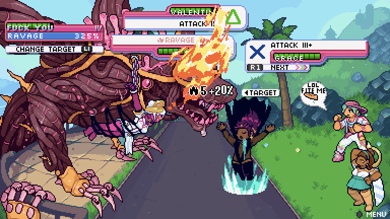 A screenshot of Get In The Car, Loser!, showing a turn-based RPG battle between the protagonists and a big flaming wolf guy made out of cables?