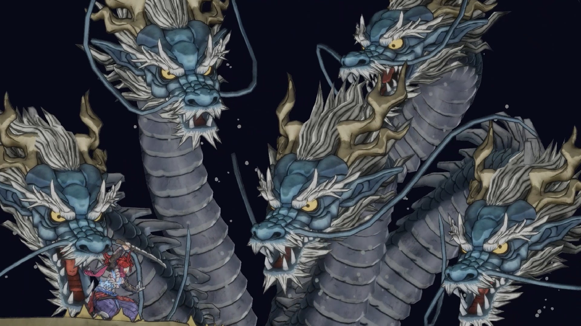 A multi-headed dragon looms over GetsuFumaDen's protagonist, who readies his sword for a fight.