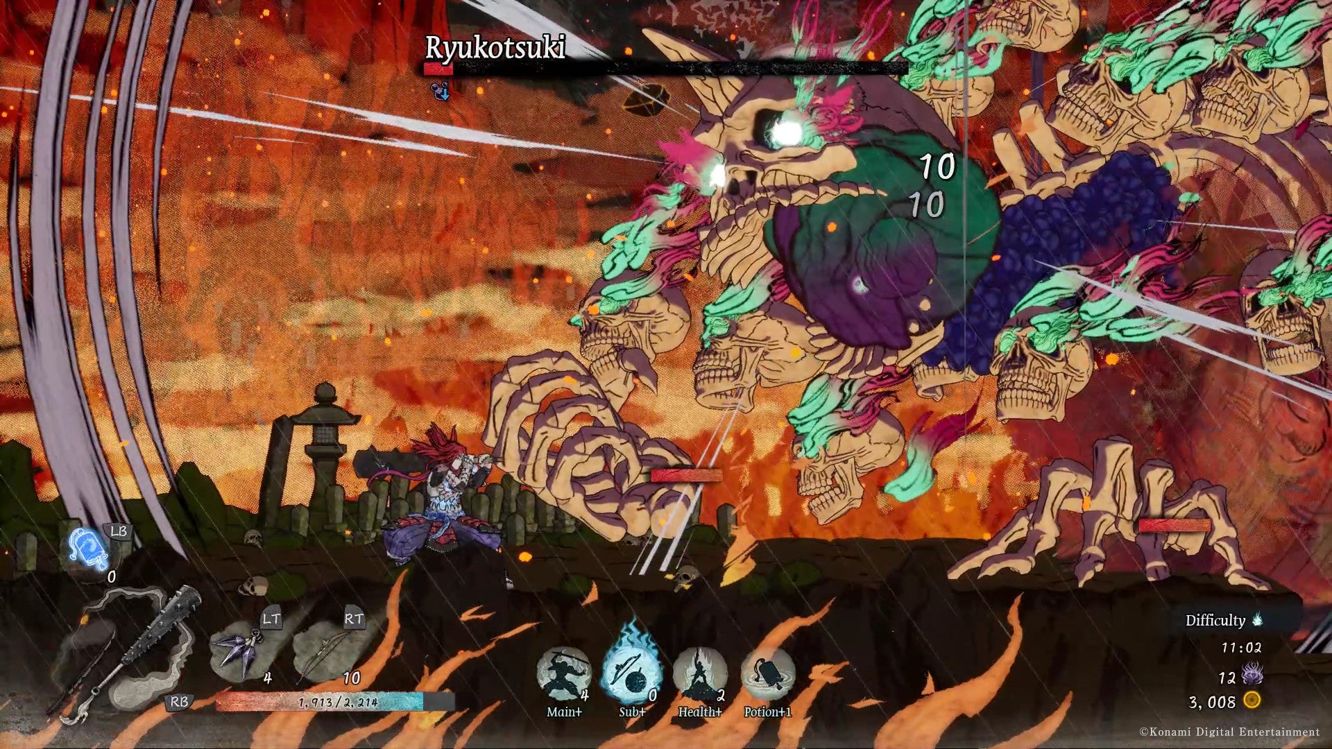 Getsufumaden - The main character battles a giant skeleton in a 2D sidescrolling environment.