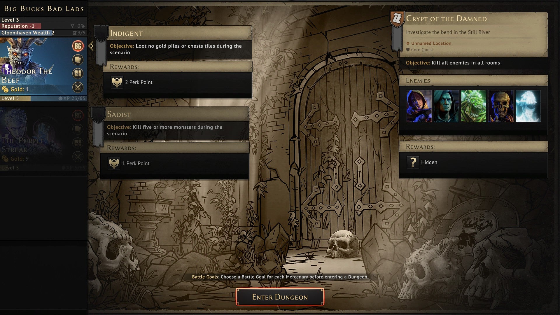 شاشة قائمة حيث يجب على اللاعب أن يقرر ما إذا كان سيدخل زنزانة في Gloomhaven