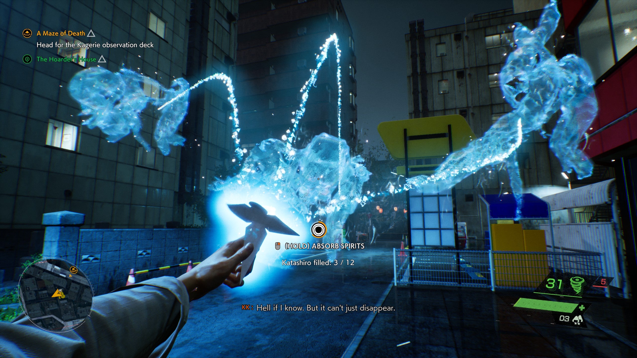Player uses katashiro item to absorb blue souls of lost people in Ghostwire Tokyo