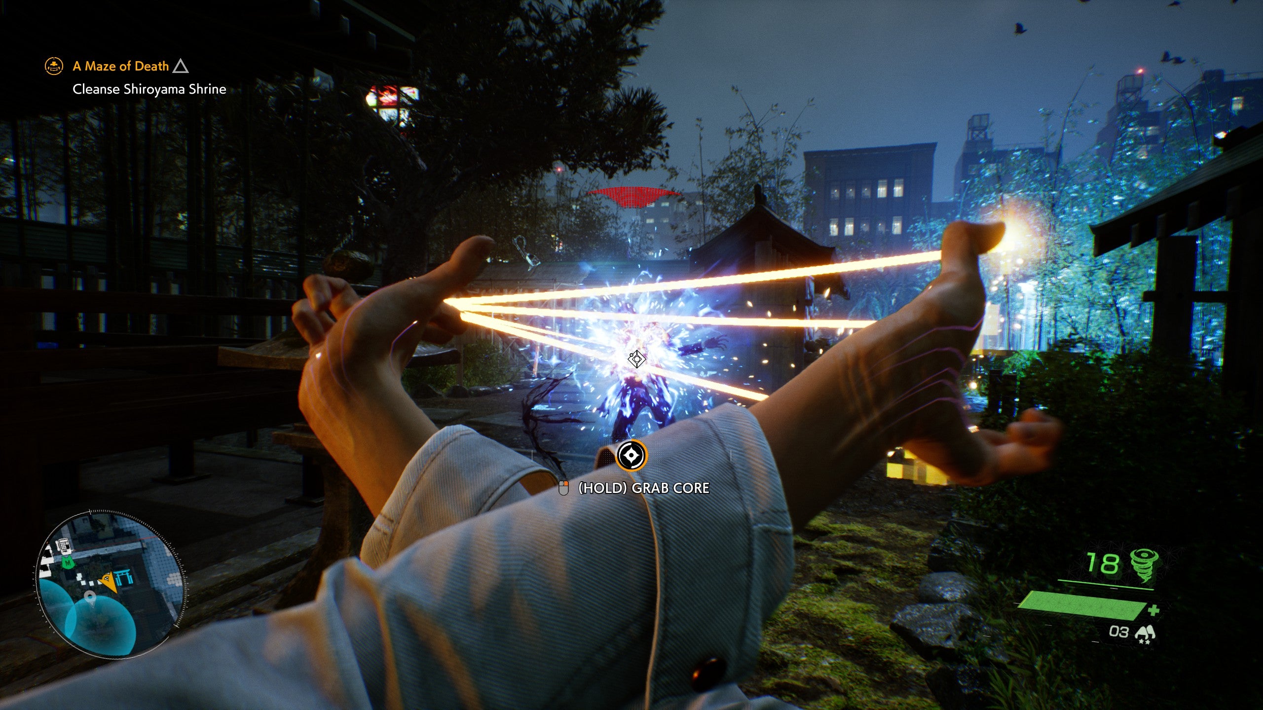 The protagonist pulls wires attached to a spirit core of a ghost in Ghostwire Tokyo