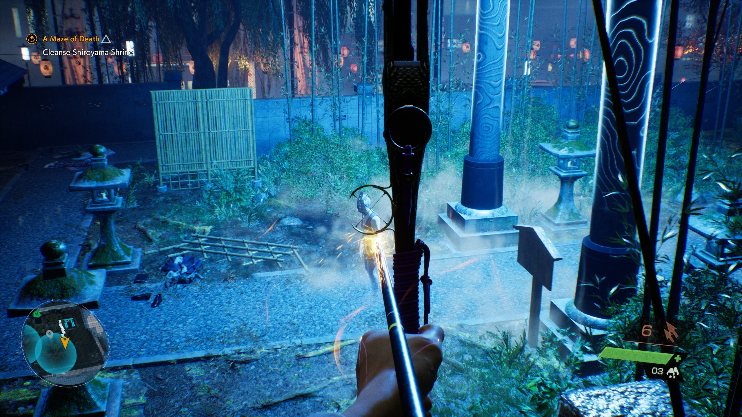 The player shoots a ghost with a spirit bow in Ghostwire Tokyo