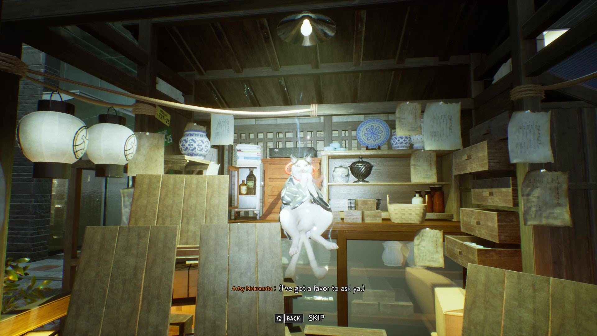 Talking to a collector nekomata vendor in Ghostwire: Tokyo.