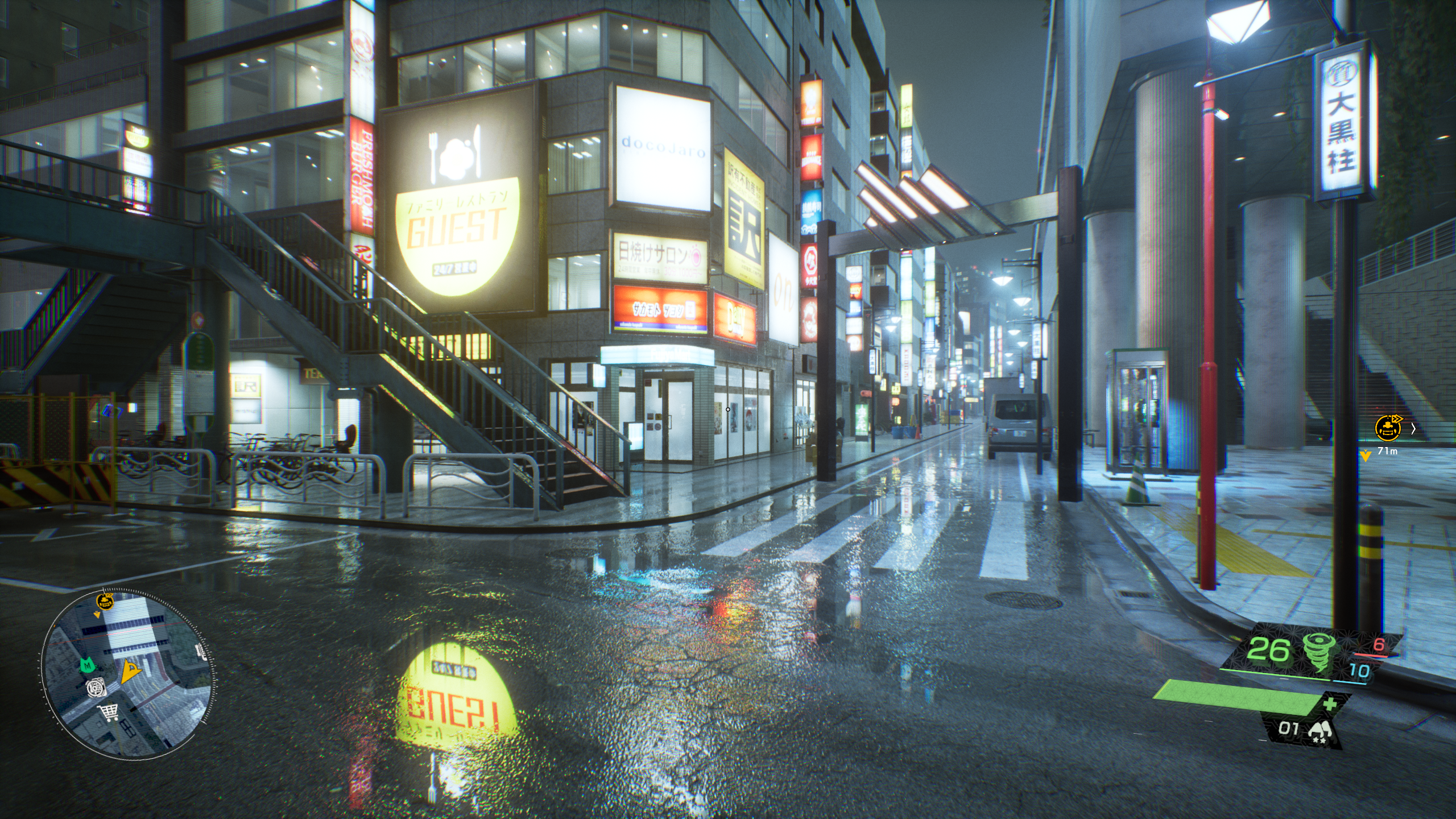 A scene from Ghostwire: Tokyo, showing most of its graphics settings on High.