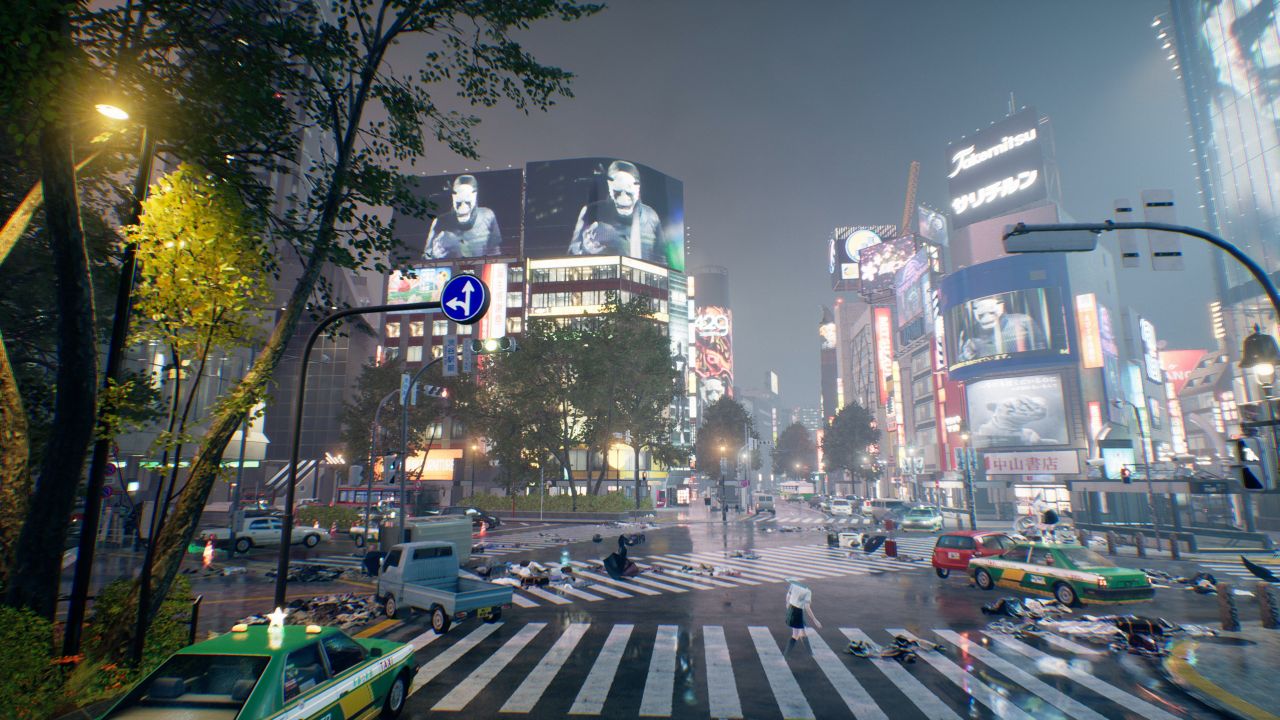 A PR screenshot of Ghostwire: Tokyo showing the Shibuya Crossing now empty of any people, with only some piles of clothes to suggest where they might have been.