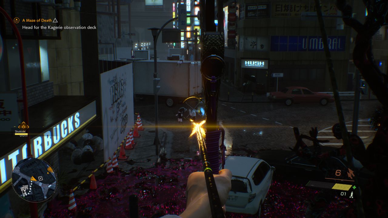 The player aims down the sights of their bow and arrow, looking at a dark Tokyo street in Ghostwire: Tokyo