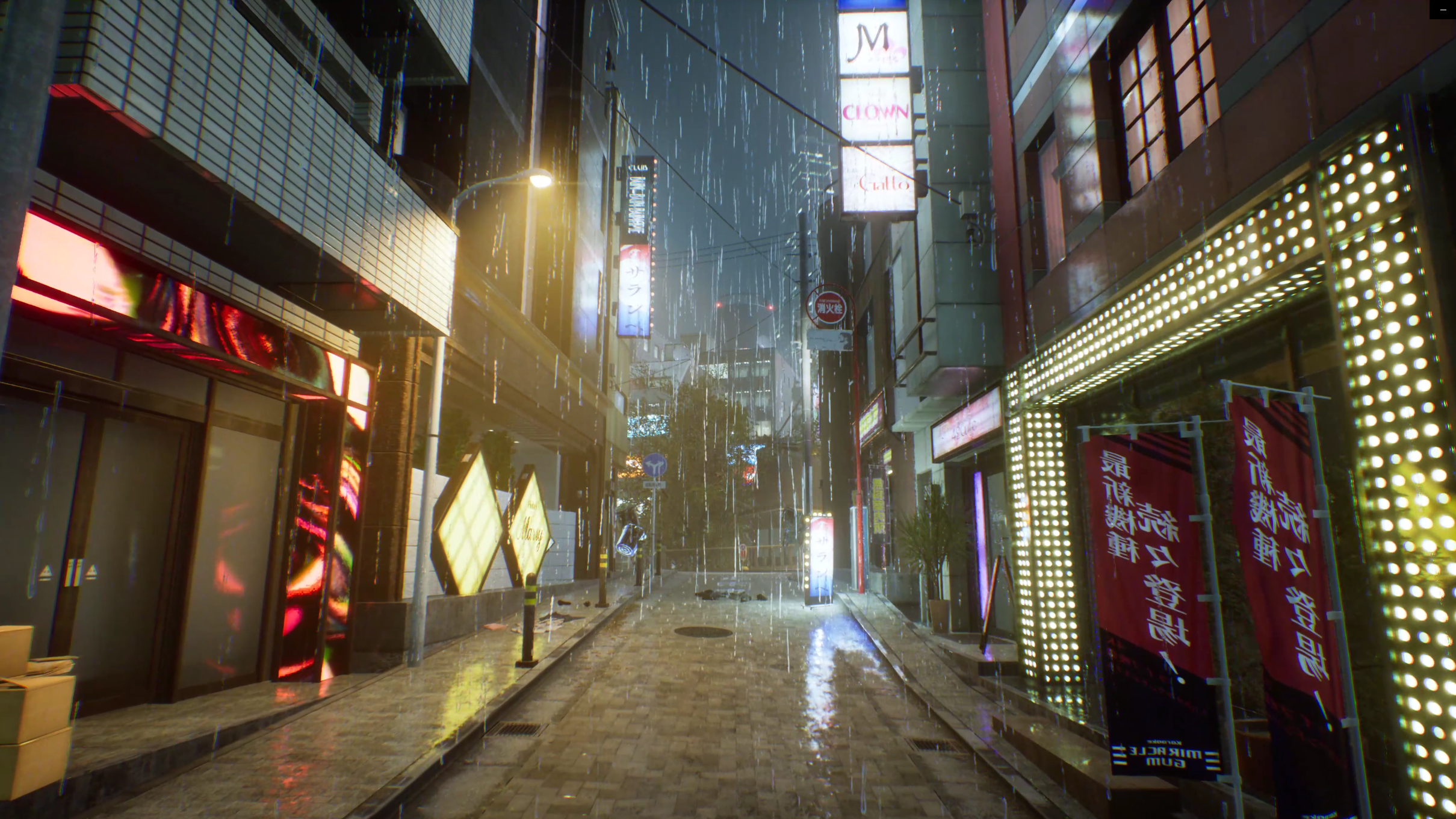 A rain-slicked backstreet in Ghostwire: Tokyo.