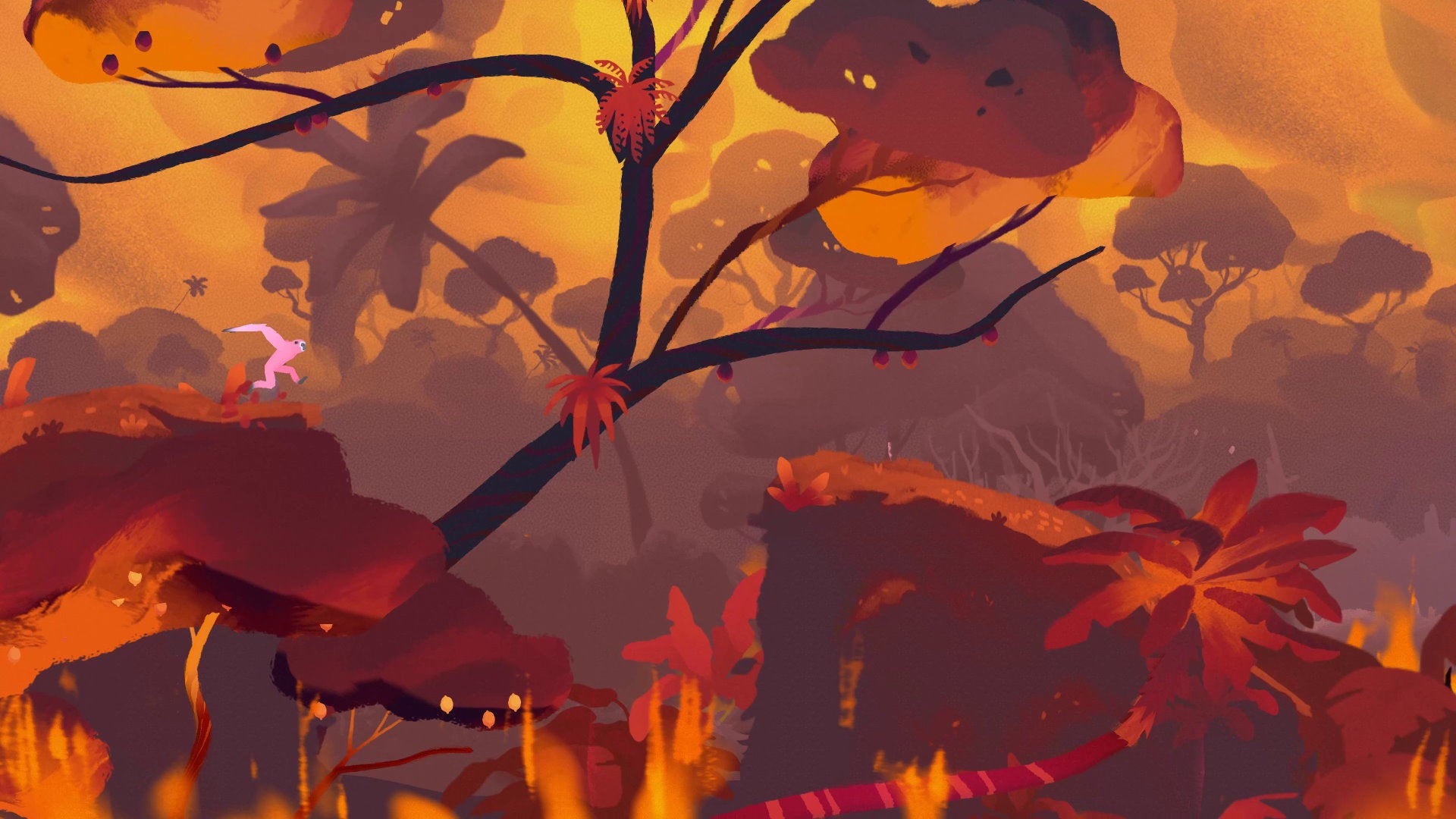 A pink gibbon runs across a fiery forest scene in Gibbon: Beyond The Trees