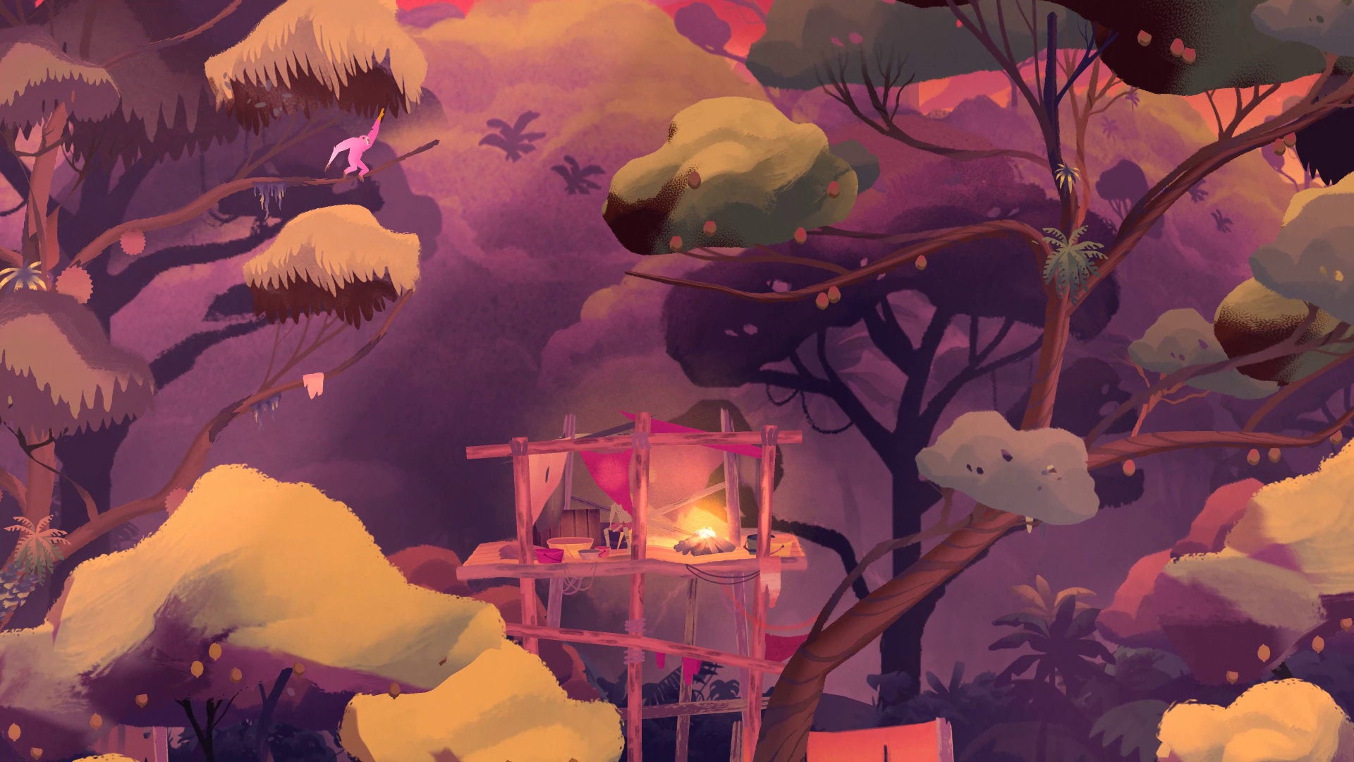 A pink gibbon swings through a jungle scene in Gibbon: Beyond The Trees