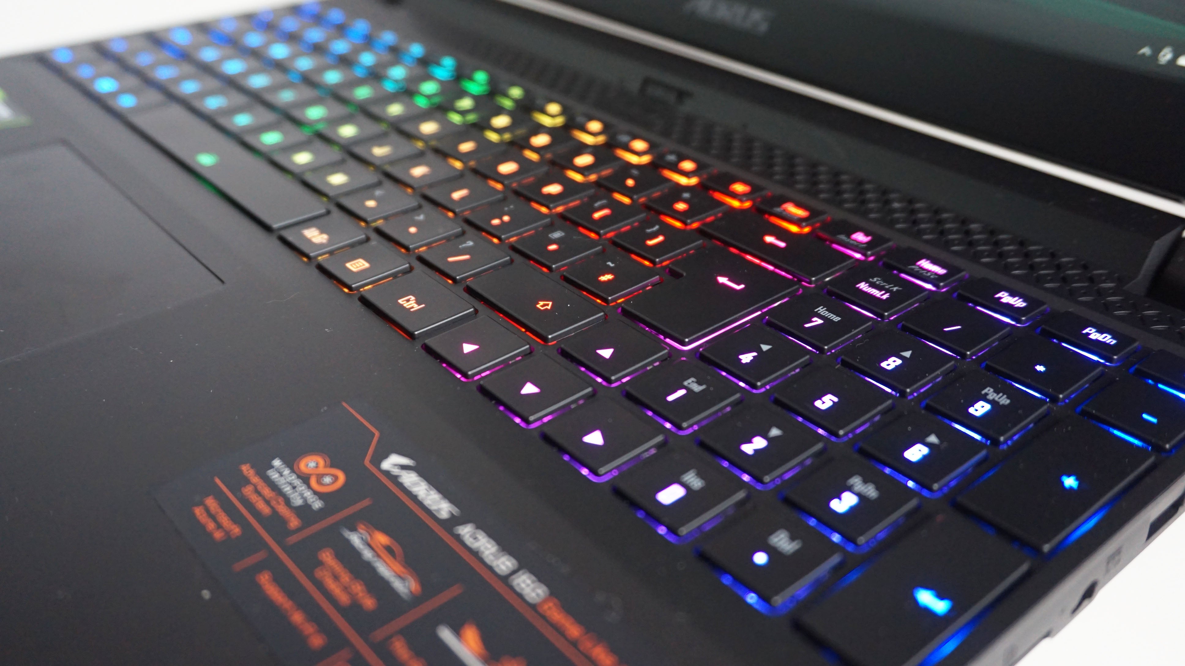 A photo of the Gigabyte Aorus 15G gaming laptop's RGB backlit keys