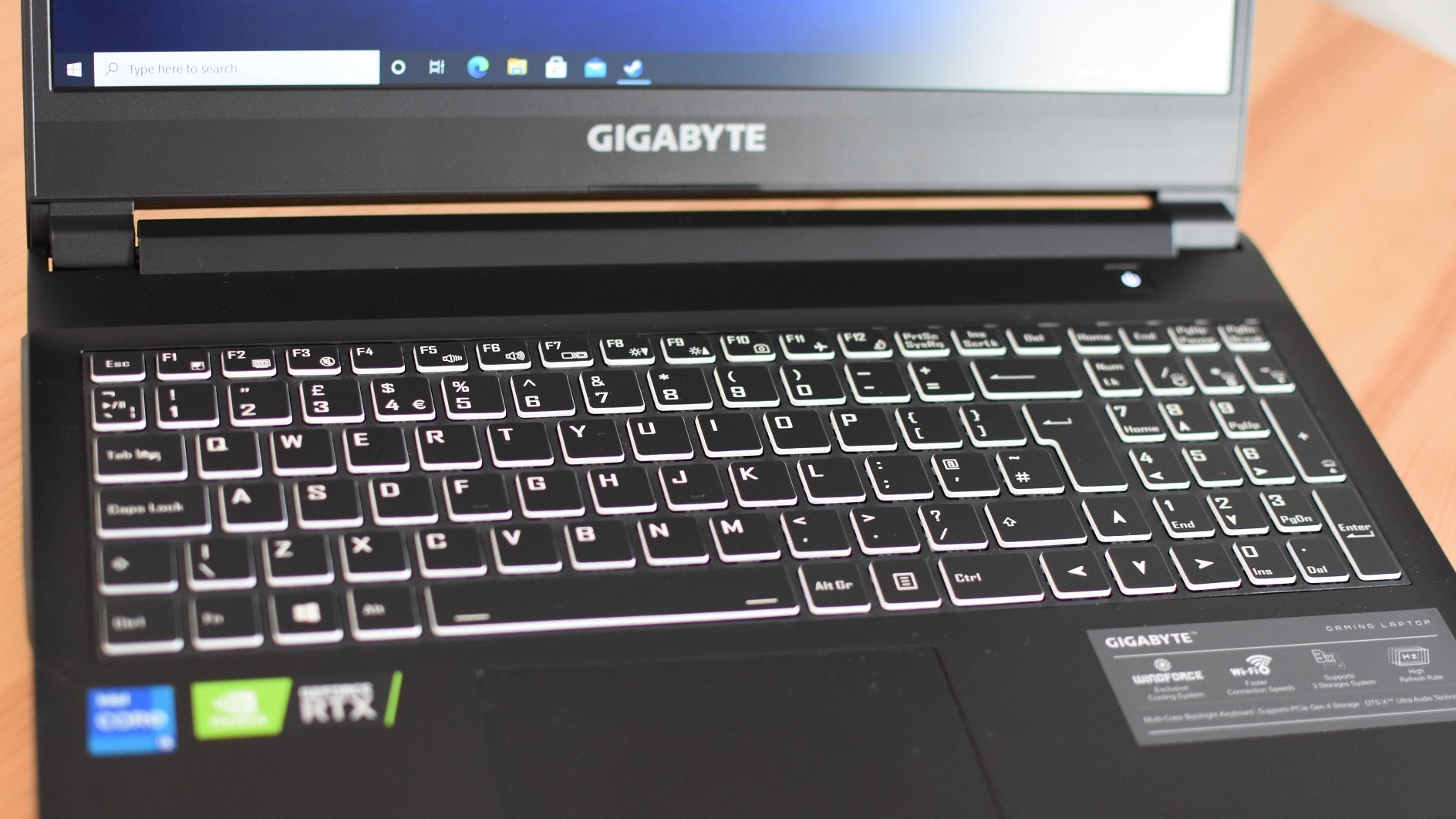 The Gigabyte G5 gaming laptop's keyboard, with its white backlighting turned on.