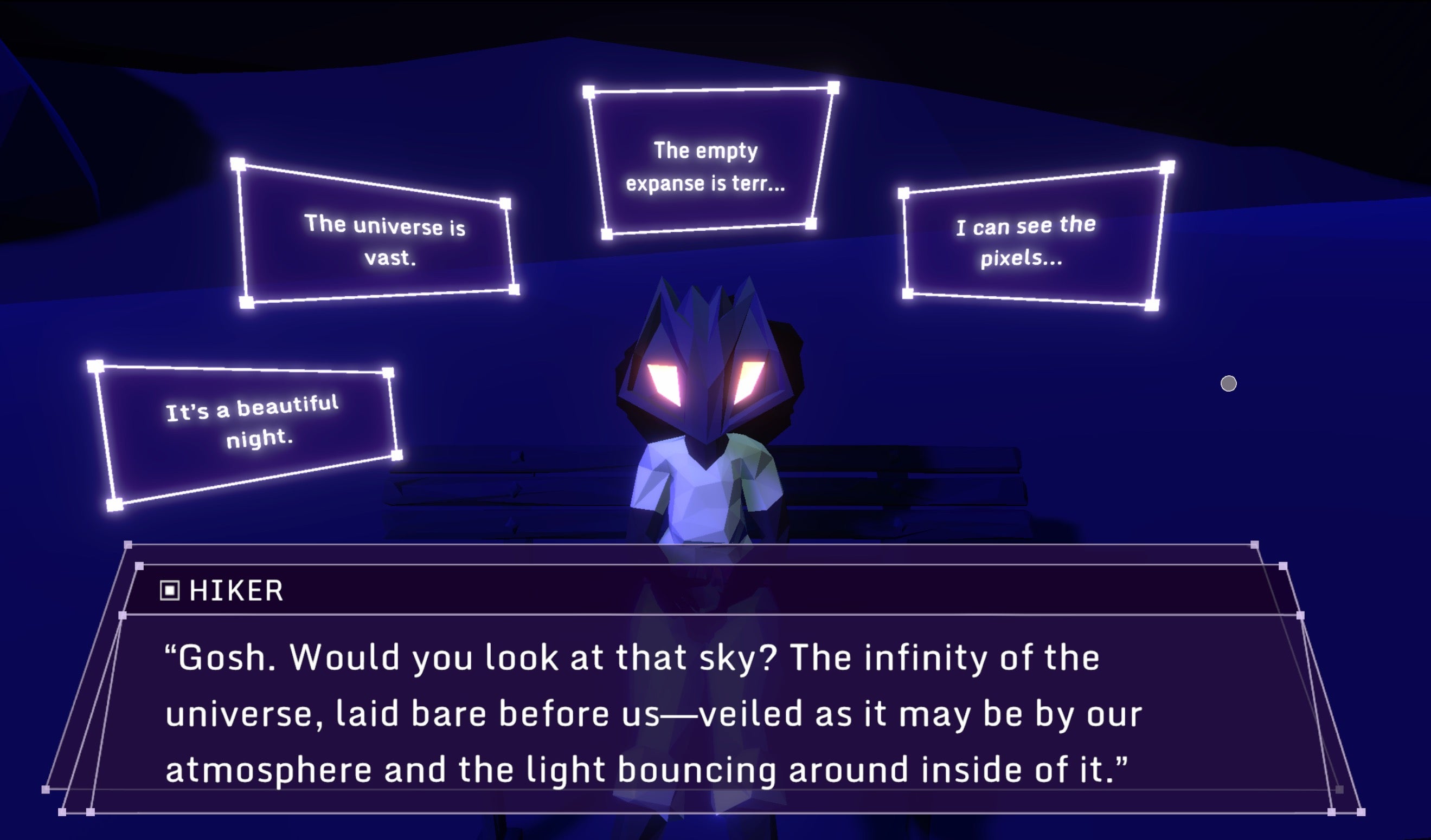 A character in Glitchhikers The Spaces Between talking to the player about the universe