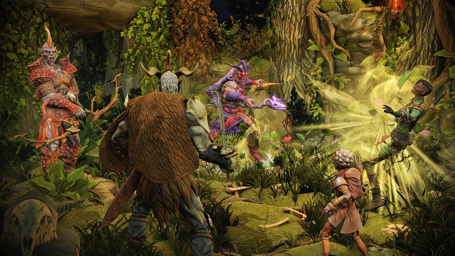 A mage attacks a group of players in a forest scene in Gloomhaven