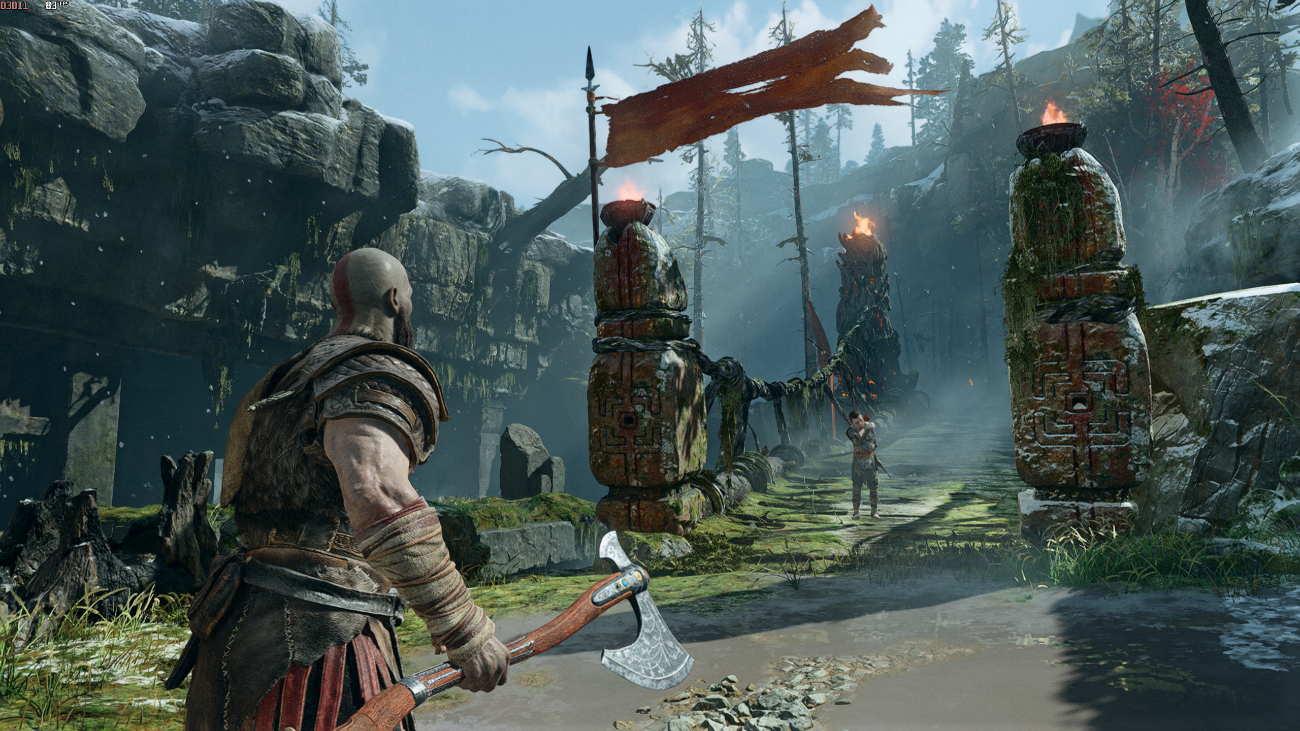 A scene from God of War showing FidelityFX Super Resolution on its Ultra Quality setting.