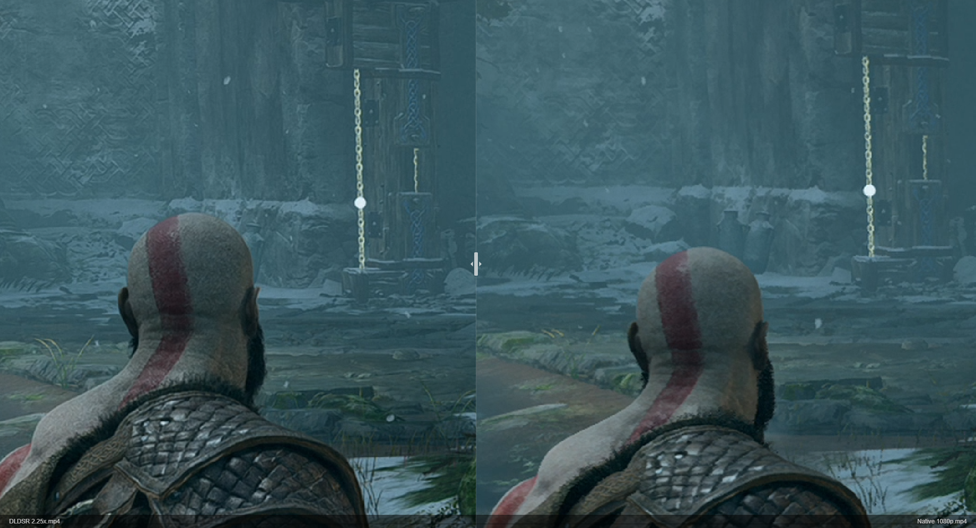 A God of War graphics comparison image showing DLDSR on the left versus native rendering on the right.